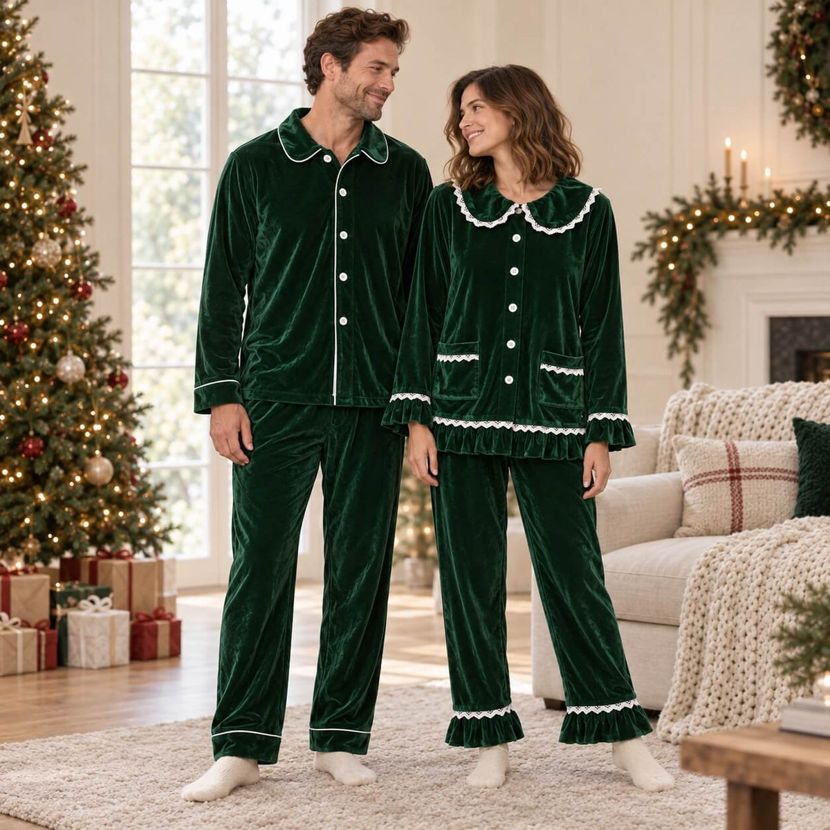 Family wearing matching green velvet Christmas pyjamas with white piping and lace ruffle trim - view 2