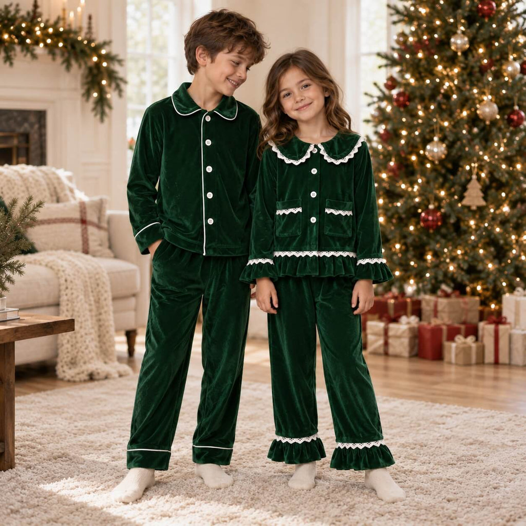 Family wearing matching green velvet Christmas pyjamas with white piping and lace ruffle trim - view 3