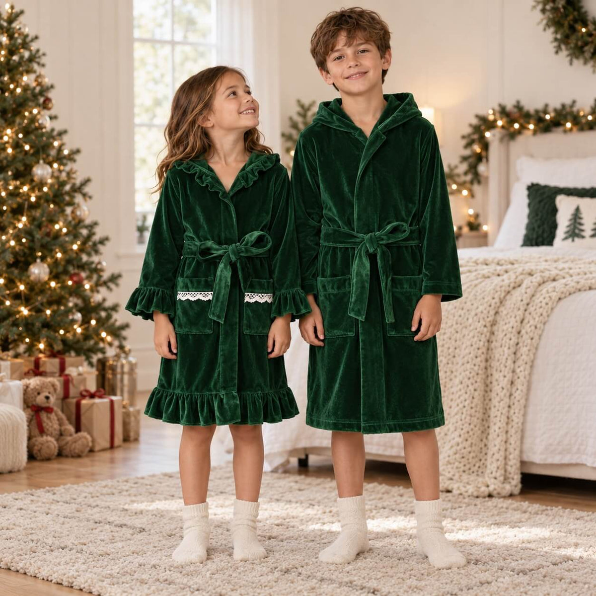 Family wearing matching green velvet Christmas pyjamas with white piping and lace ruffle trim - view 4
