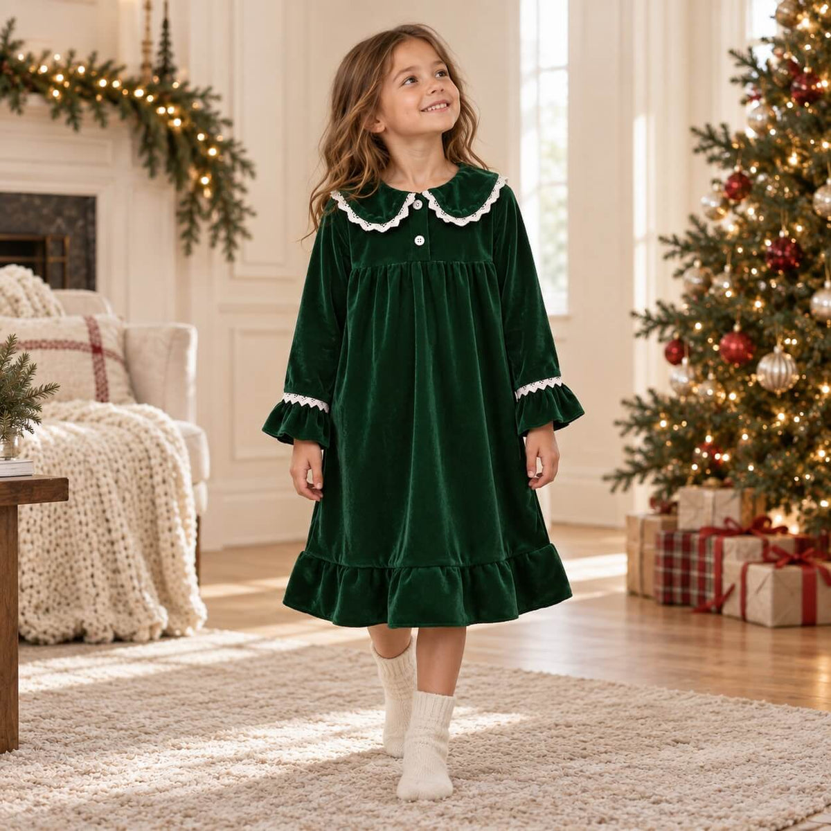 Family wearing matching green velvet Christmas pyjamas with white piping and lace ruffle trim - view 5