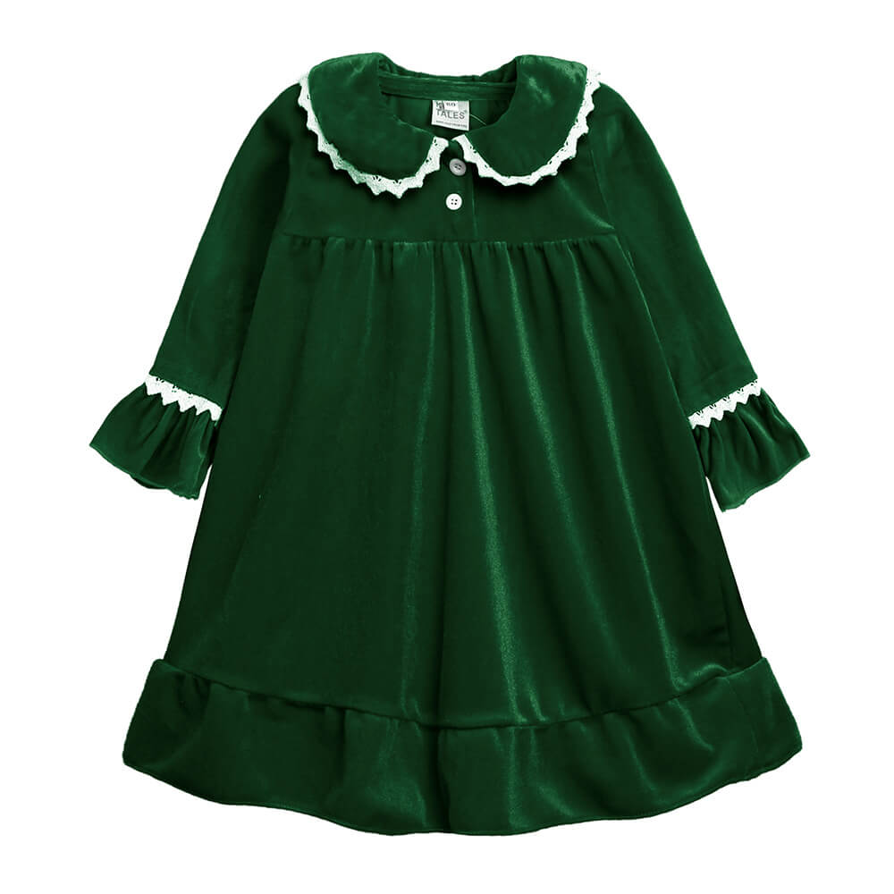 Family wearing matching green velvet Christmas pyjamas with white piping and lace ruffle trim - view 8