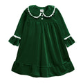 Family wearing matching green velvet Christmas pyjamas with white piping and lace ruffle trim - view 8