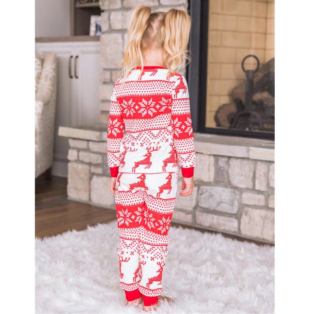 Family matching Christmas pyjamas in red and white reindeer and snowflake print - view 10