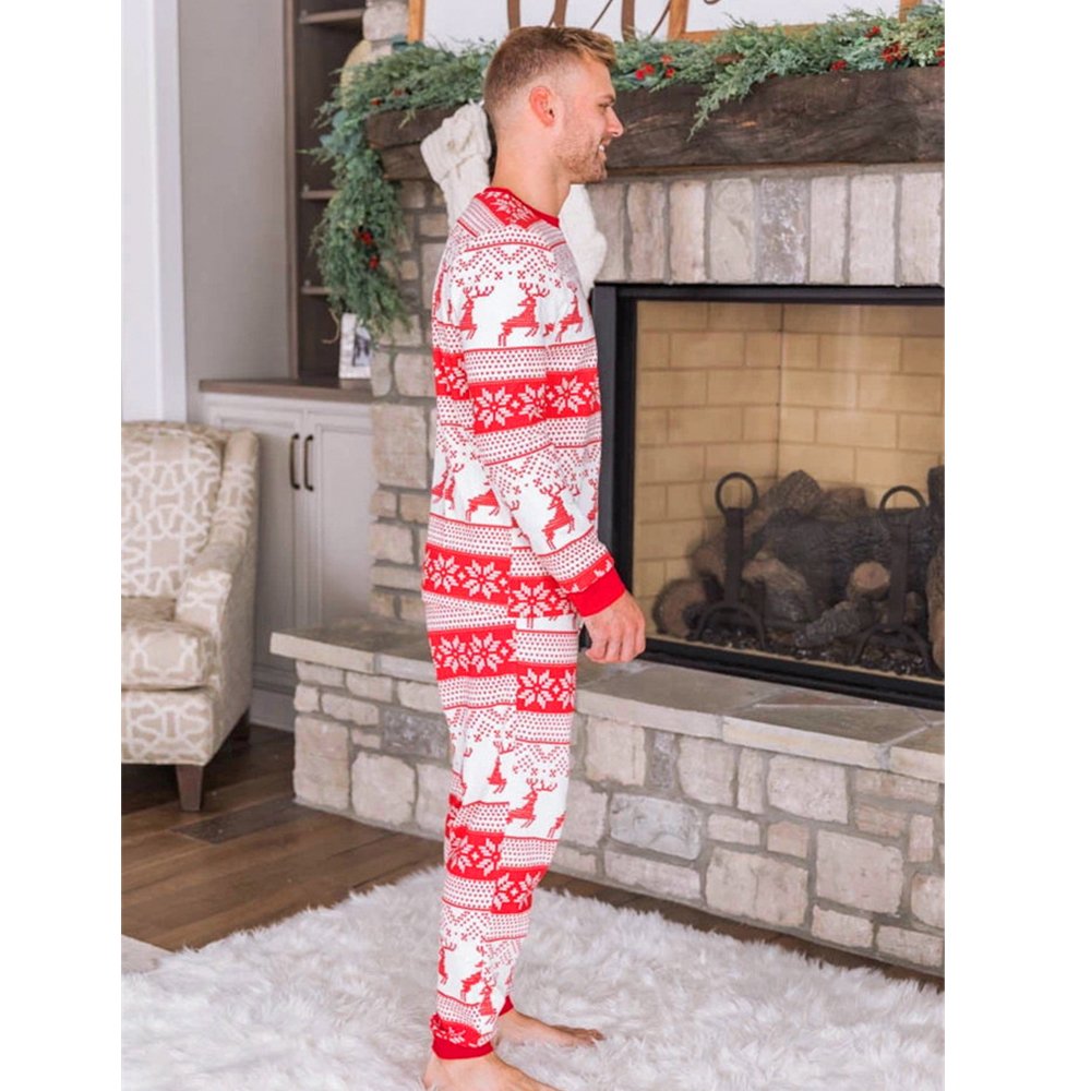 Family matching Christmas pyjamas in red and white reindeer and snowflake print - view 13