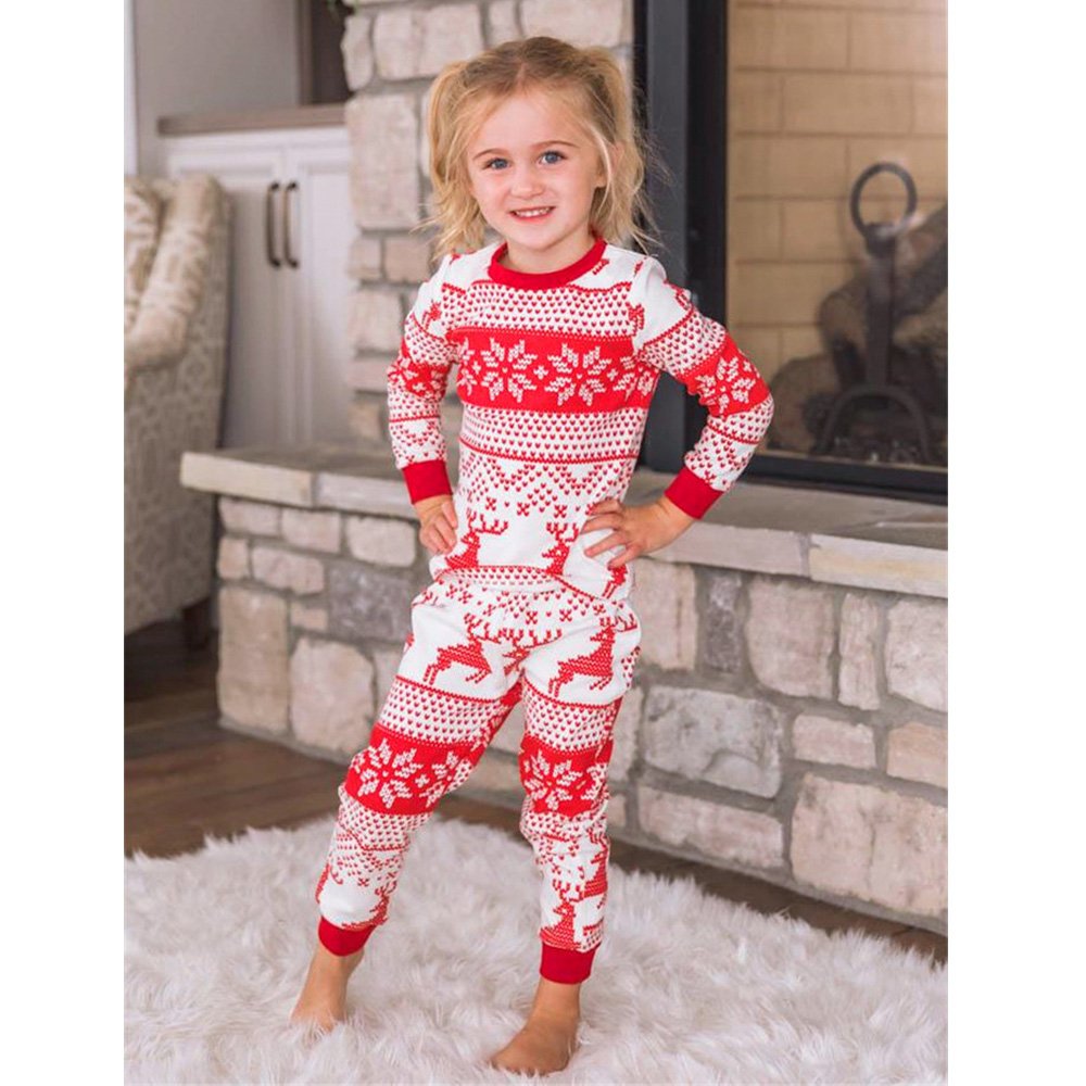 Family matching Christmas pyjamas in red and white reindeer and snowflake print - view 5