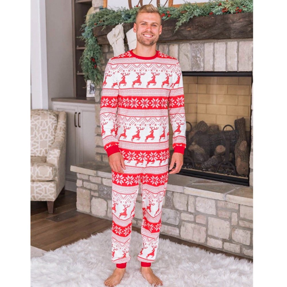 Family matching Christmas pyjamas in red and white reindeer and snowflake print - view 7