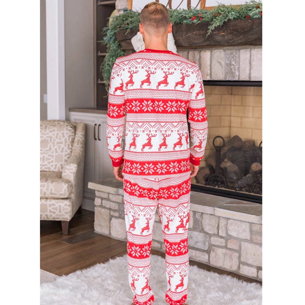 Family matching Christmas pyjamas in red and white reindeer and snowflake print - view 8