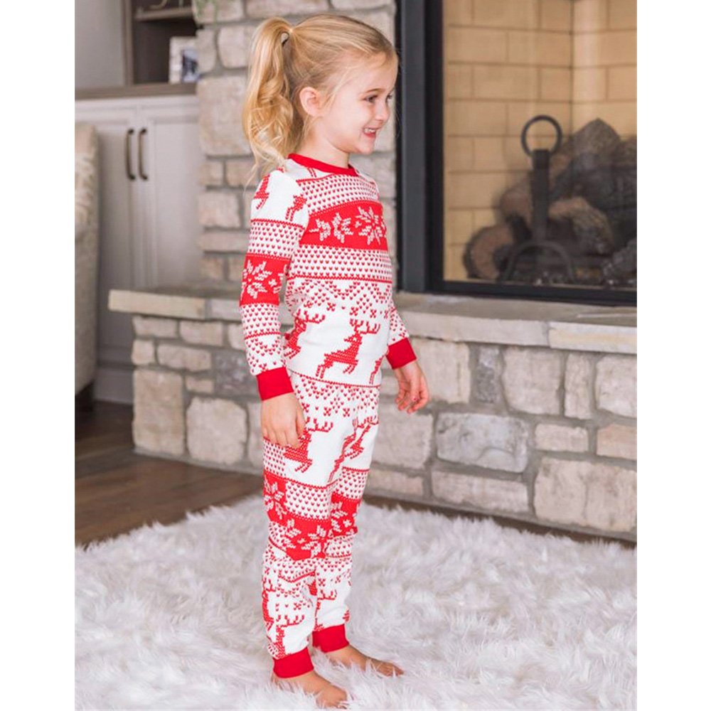 Family matching Christmas pyjamas in red and white reindeer and snowflake print - view 9