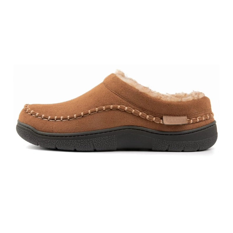 Men's brown suede-look moccasin house slippers with faux fur lining and contrast whipstitch