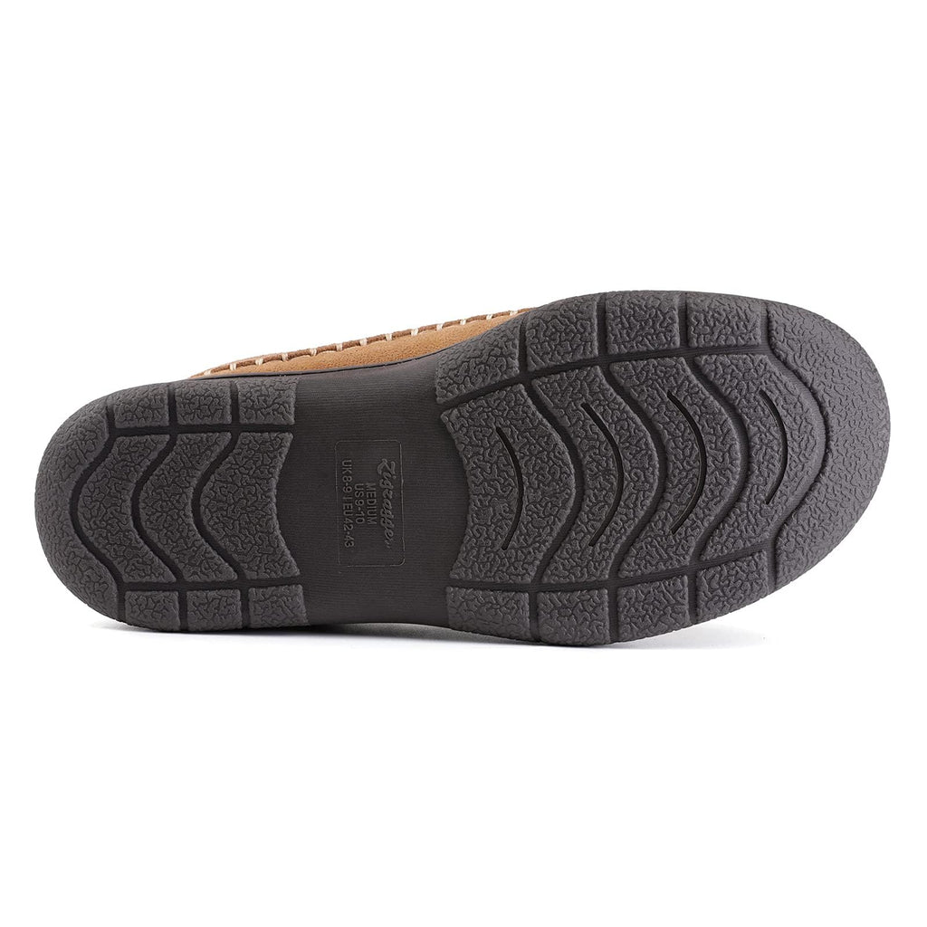 Men's brown suede-look moccasin house slippers with faux fur lining and contrast whipstitch - view 2