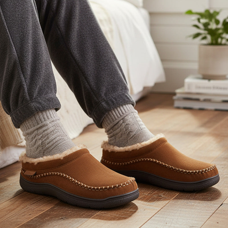 Men's brown suede-look moccasin house slippers with faux fur lining and contrast whipstitch - view 4