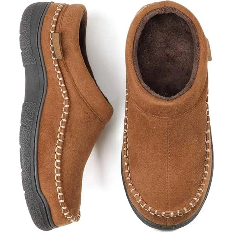 Men's brown suede-look moccasin house slippers with faux fur lining and contrast whipstitch - view 5