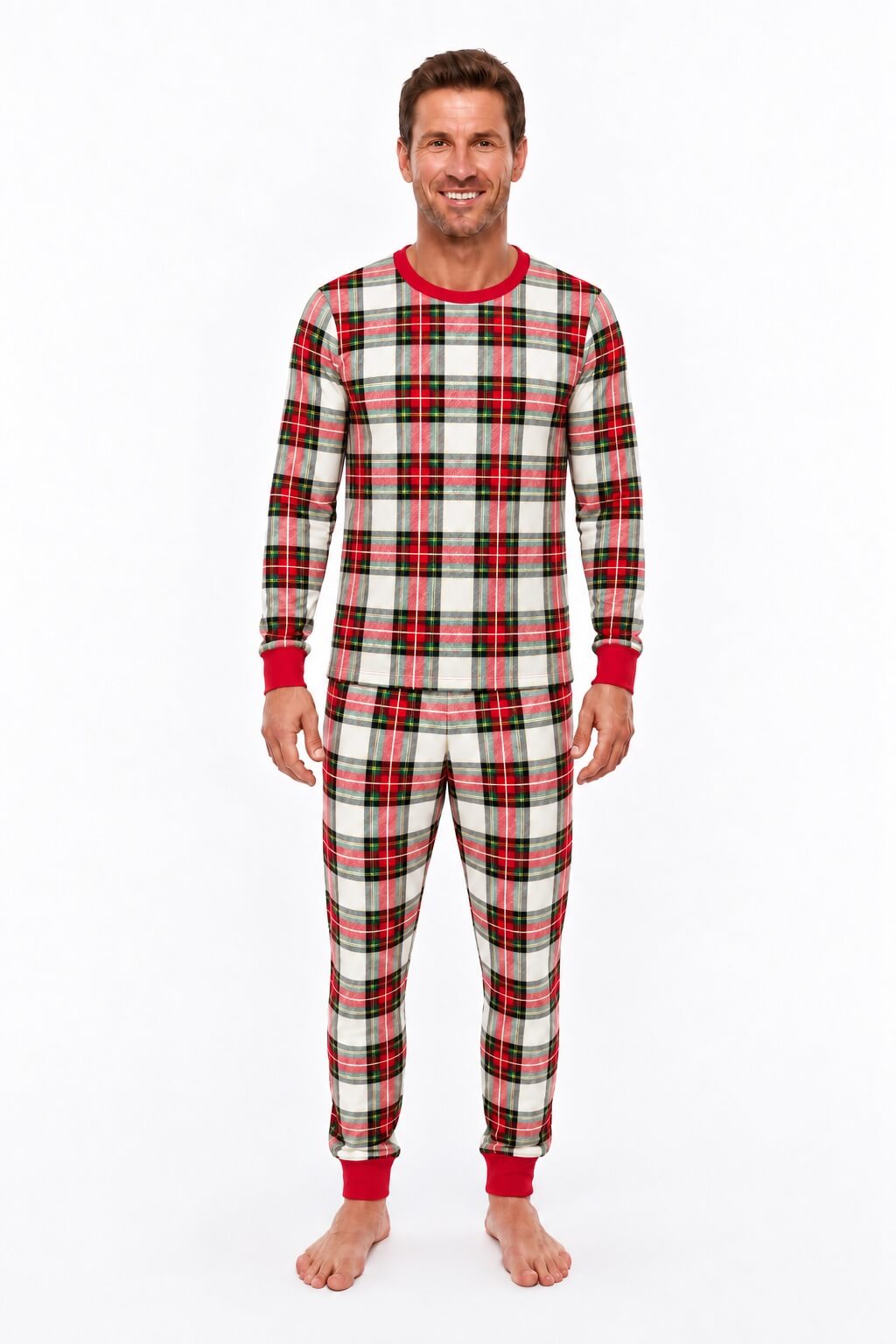Family wearing matching cream and red tartan Christmas pyjamas with red ribbed cuffs - view 11