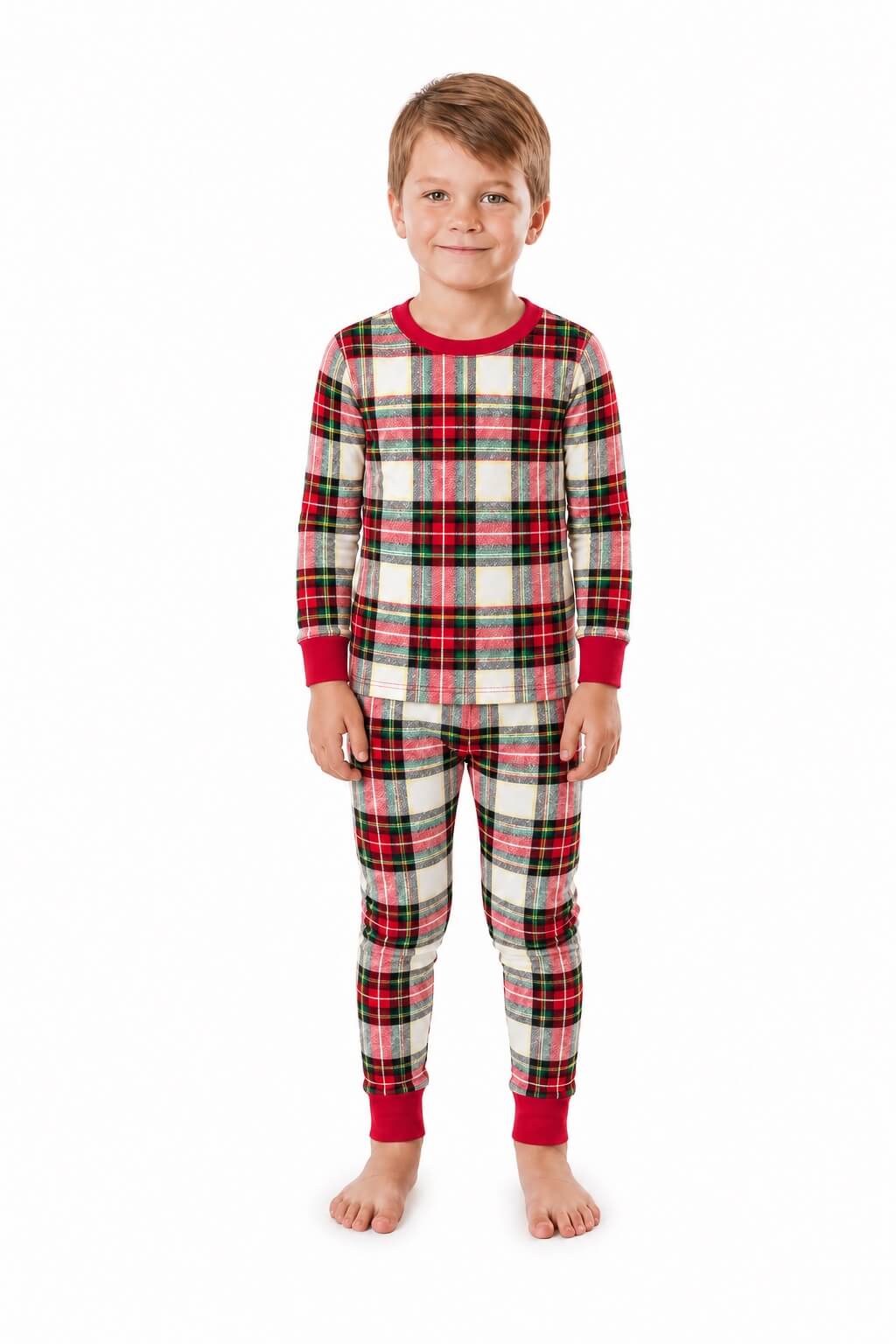 Family wearing matching cream and red tartan Christmas pyjamas with red ribbed cuffs - view 8