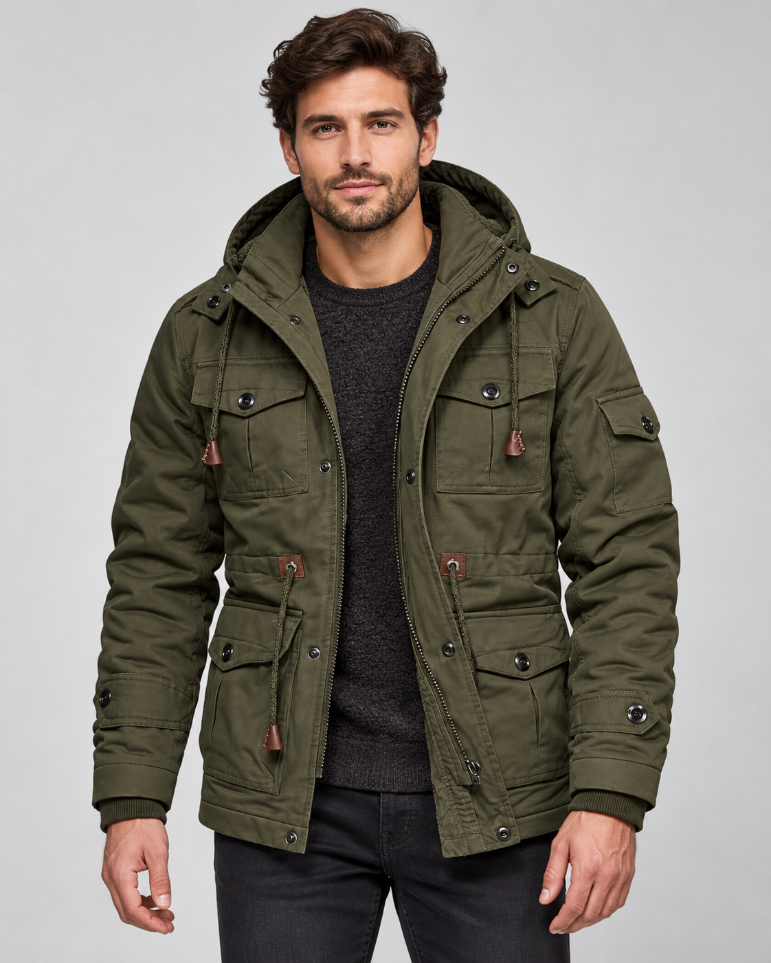 Men's fleece lined hooded utility parka with flap pockets and drawcord waist