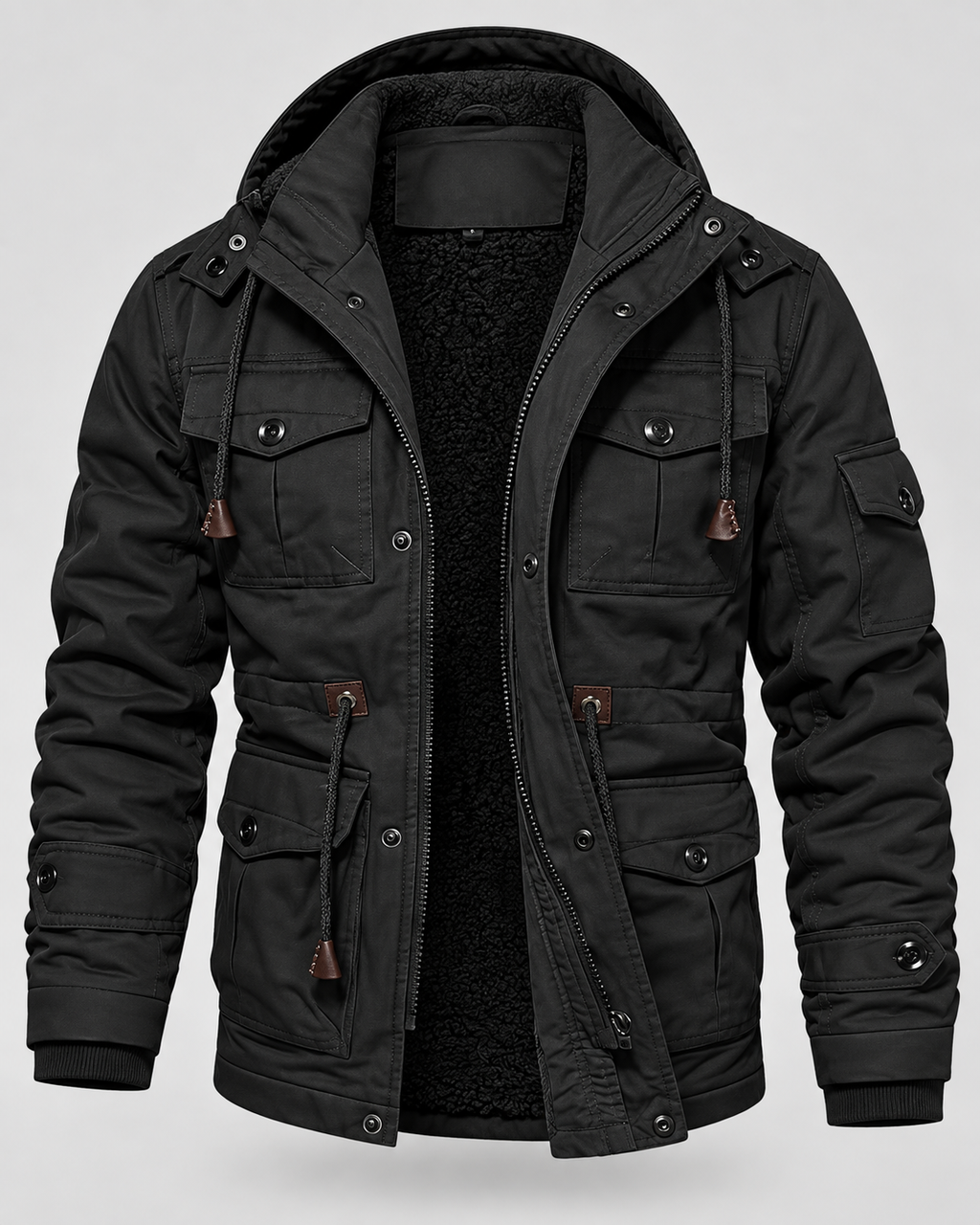 Men's fleece lined hooded utility parka with flap pockets and drawcord waist - view 10