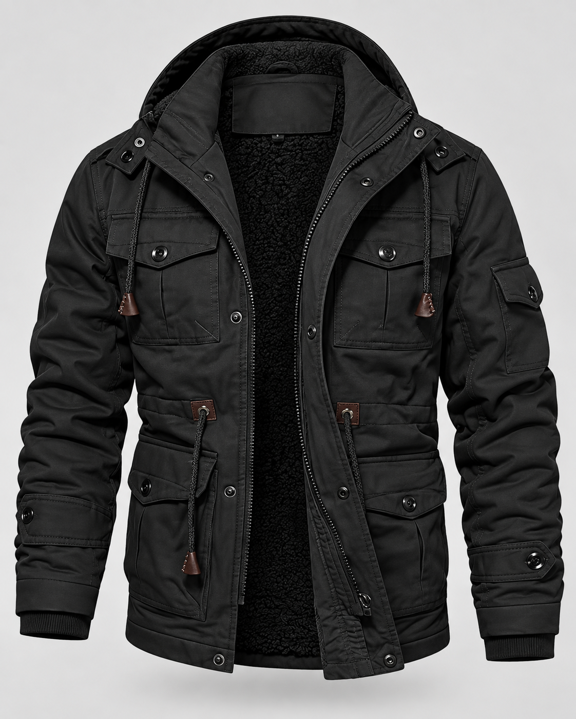 Men's fleece lined hooded utility parka with flap pockets and drawcord waist - view 10