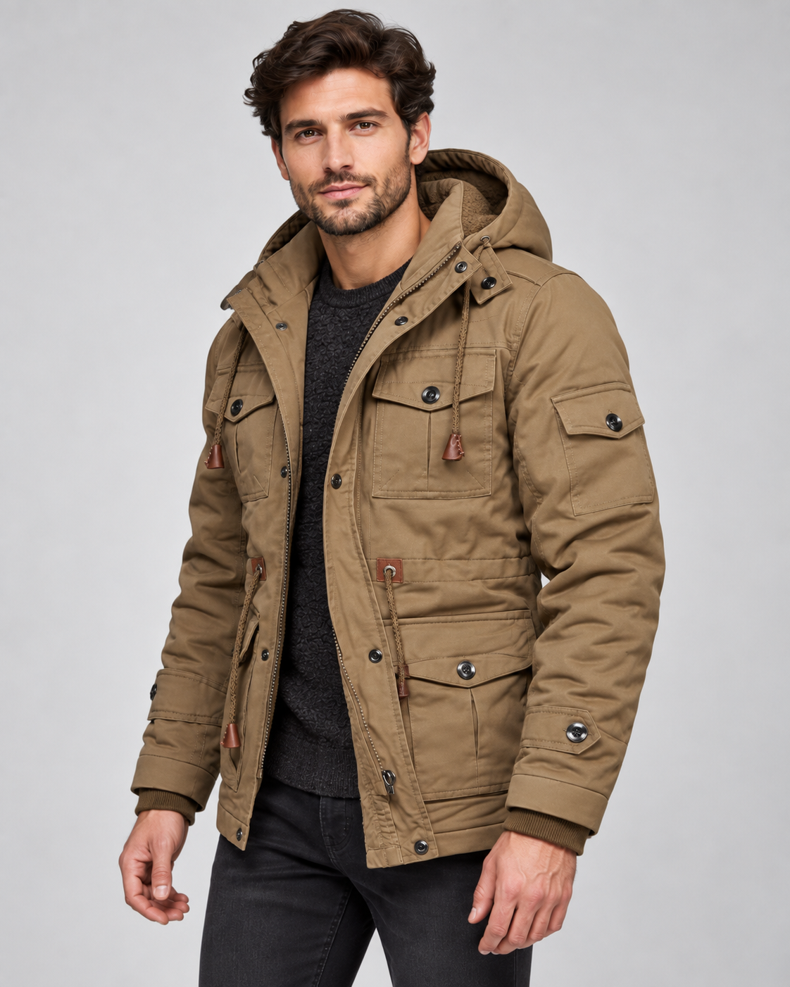 Men's fleece lined hooded utility parka with flap pockets and drawcord waist - view 2