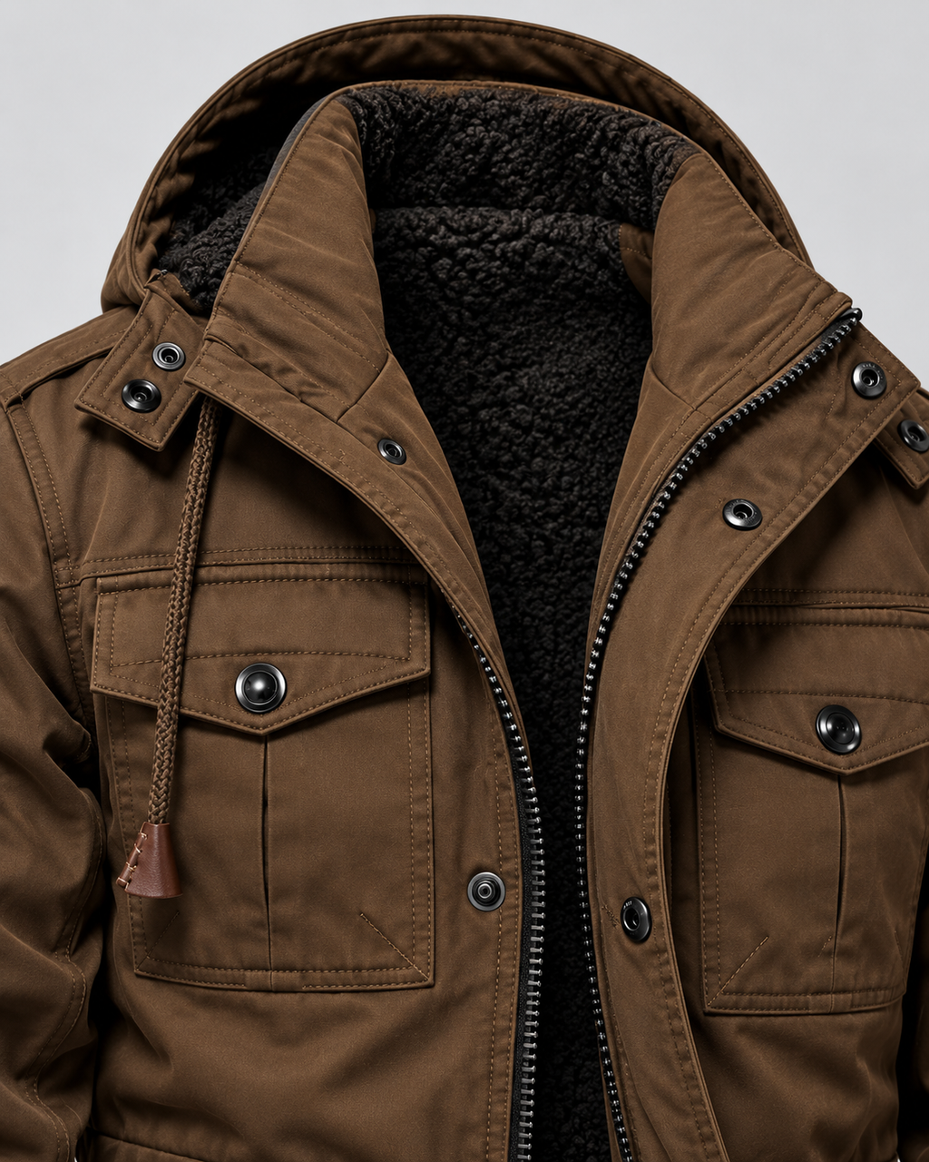 Men's fleece lined hooded utility parka with flap pockets and drawcord waist - view 4