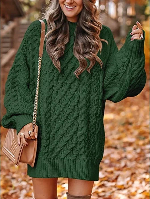Oversized cable knit sweater dress with balloon sleeves and mini length