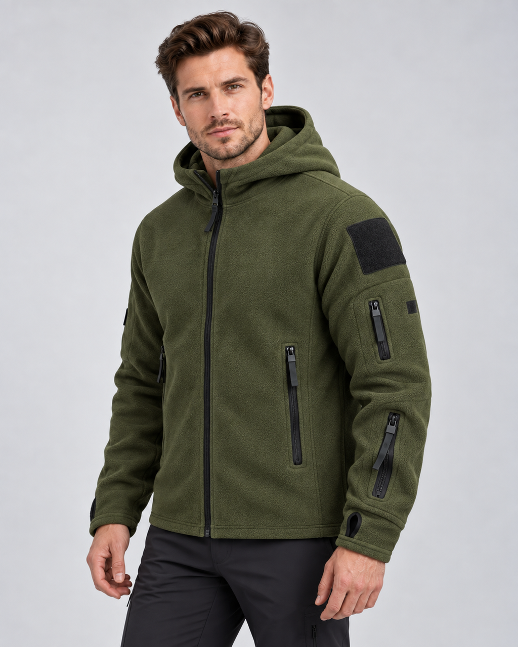 Men's hooded full-zip fleece jacket with zip pockets and sleeve patch panels