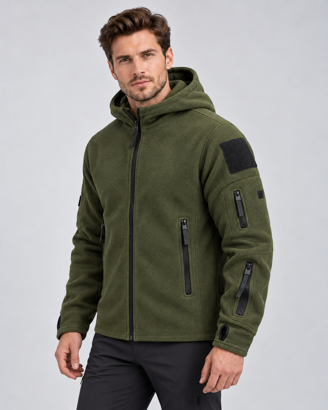 Men's hooded full-zip fleece jacket with zip pockets and sleeve patch panels