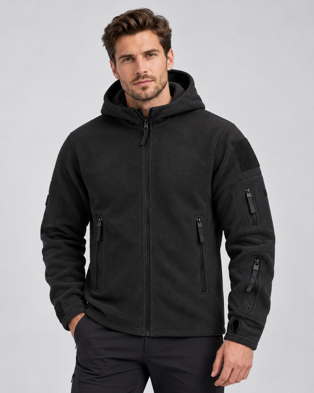 Men's hooded full-zip fleece jacket with zip pockets and sleeve patch panels - view 2