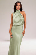 Satin halter neck cocktail dress with twisted high neck and midi skirt