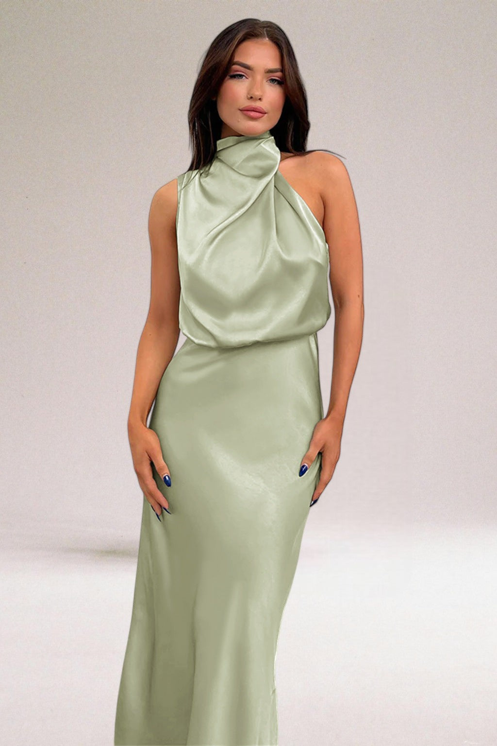 Satin halter neck cocktail dress with twisted high neck and midi skirt