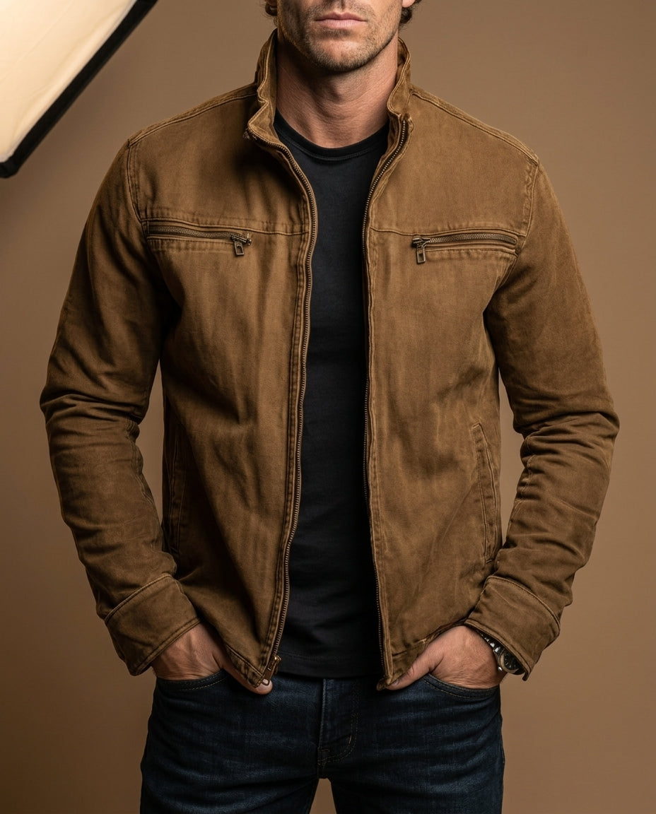 Men's washed moto field jacket, back view