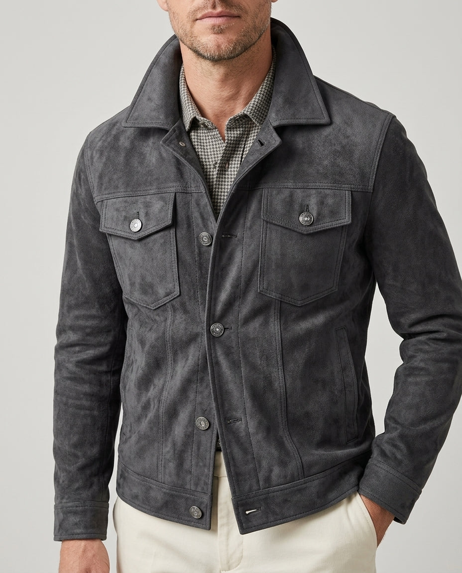 Men's suede cargo utility jacket, back view