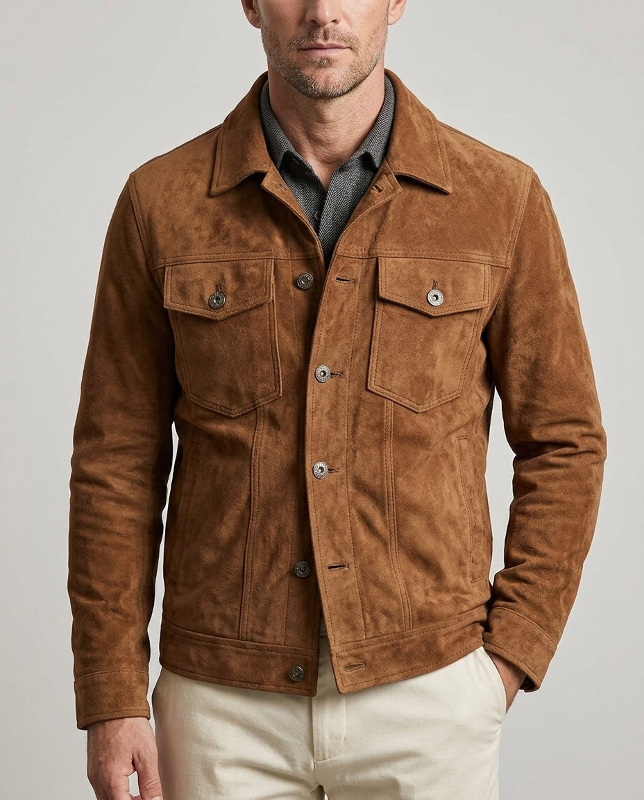 Men's suede cargo utility jacket, side view