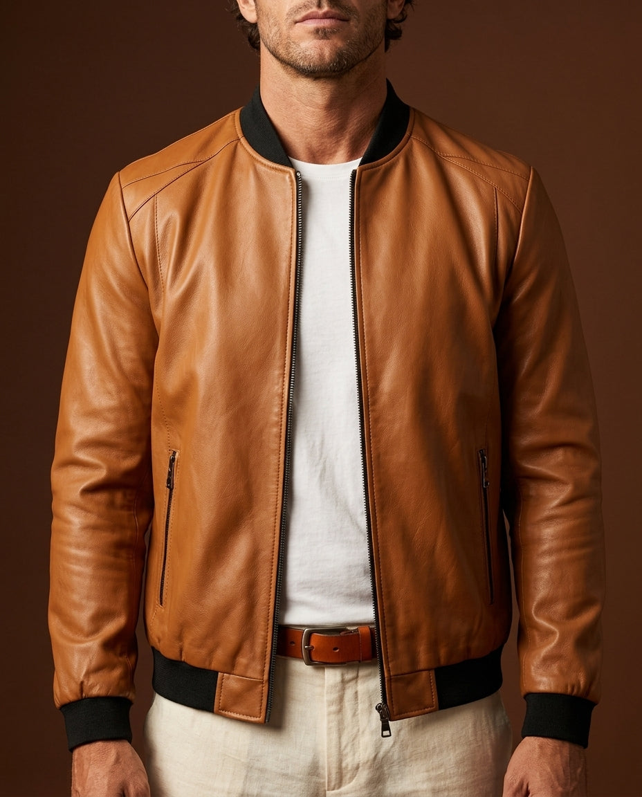Men's smooth leather bomber jacket, side view