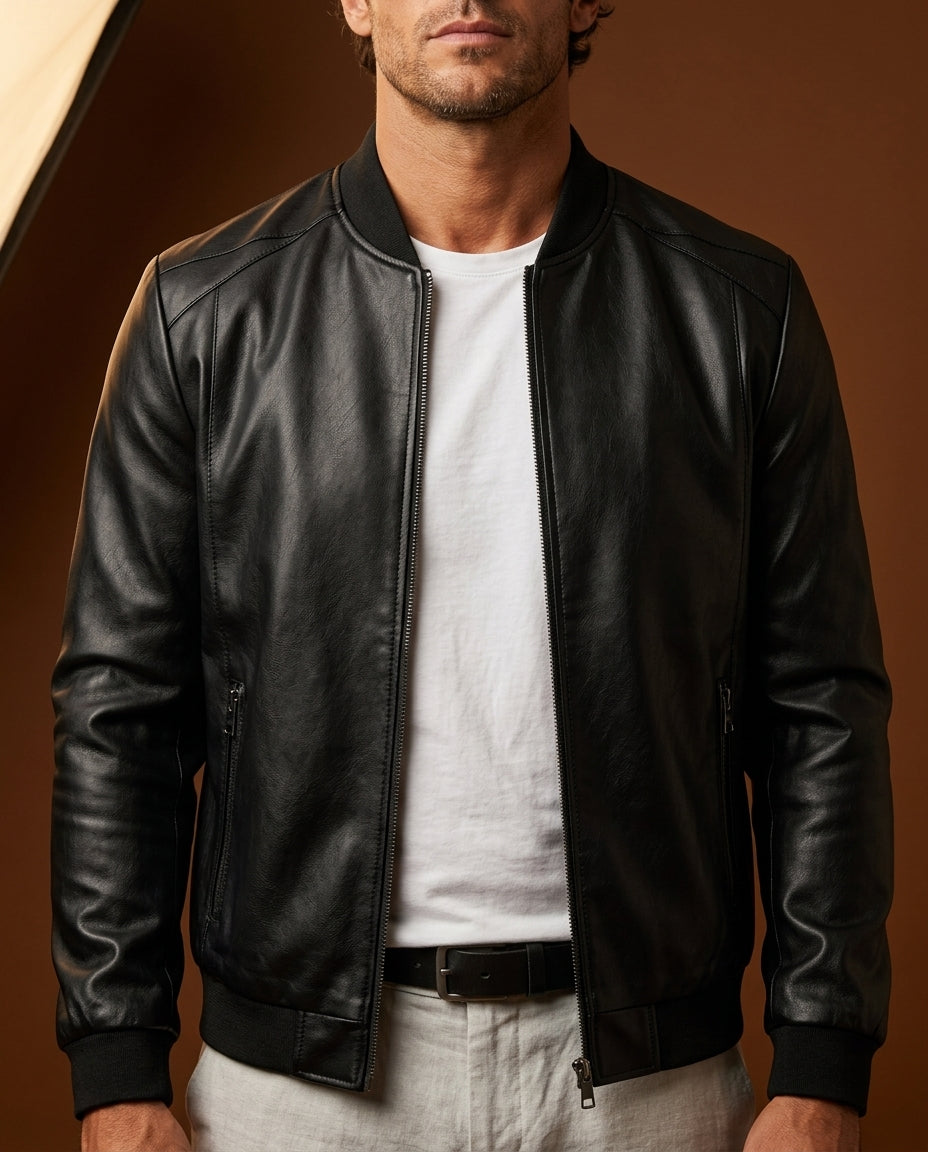 Men's smooth leather bomber jacket, back view