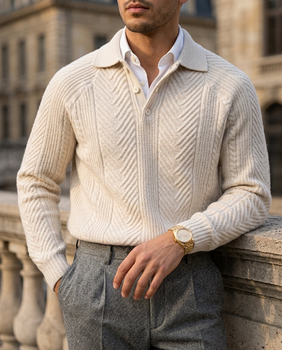 Men's cable knit wool polo jumper