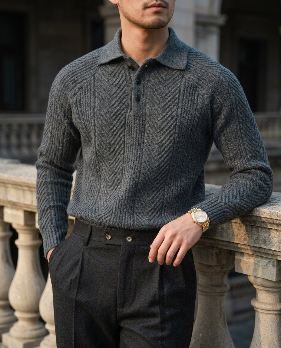 Men's cable knit wool polo jumper, side view