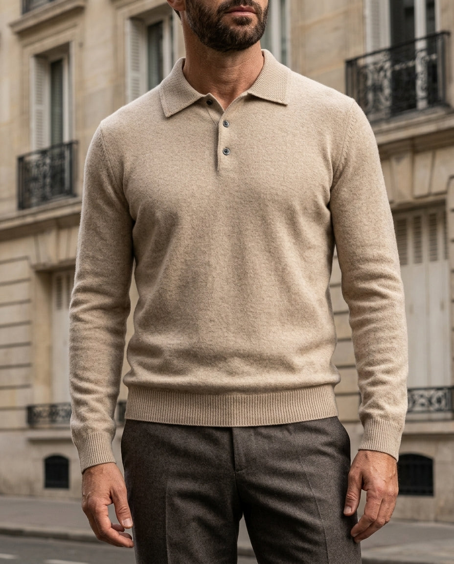 Men's wool button placket polo jumper