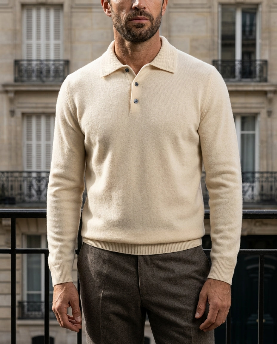 Men's wool button placket polo jumper, side view