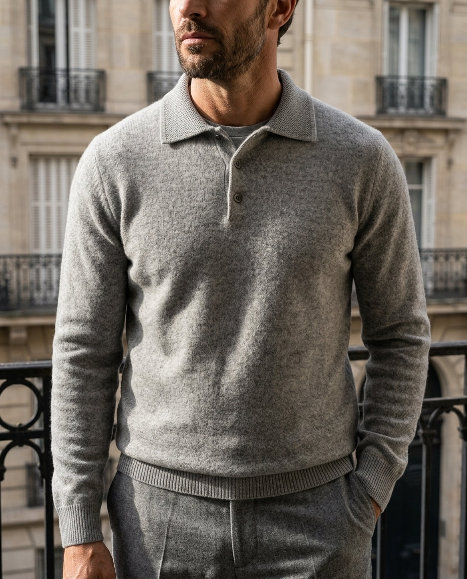 Men's wool button placket polo jumper, detail