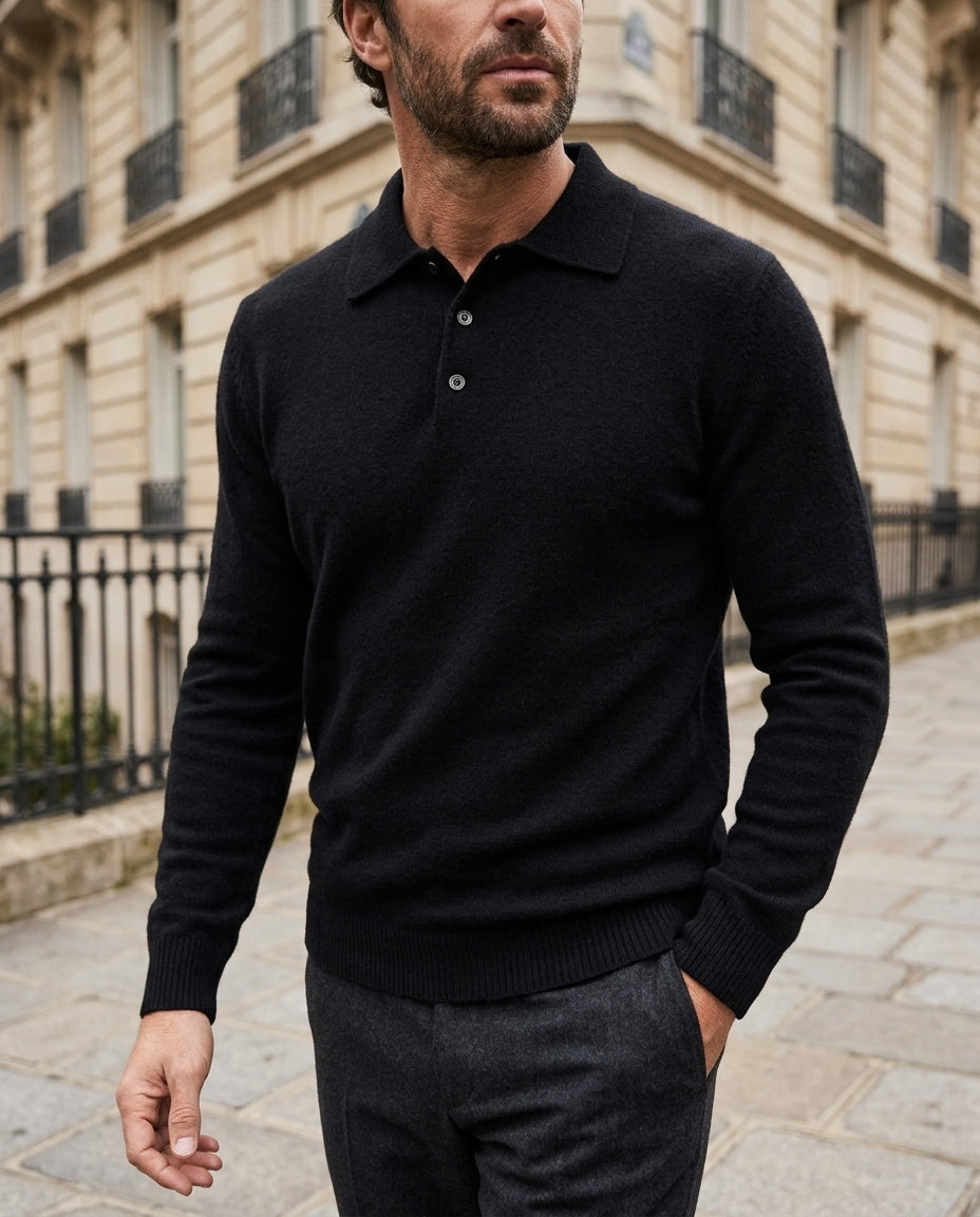 Men's wool button placket polo jumper, view 5