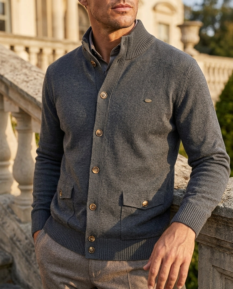 Men's cotton stretch stand collar cardigan, detail