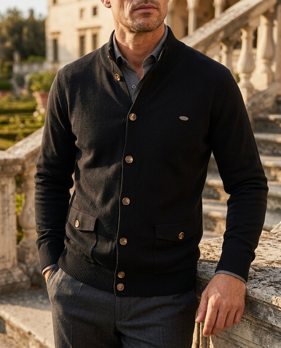 Men's cotton stretch stand collar cardigan, back view