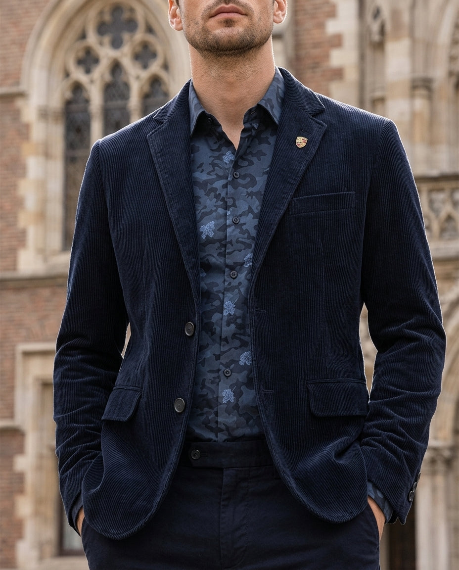 Men's corduroy elbow patch blazer, side view