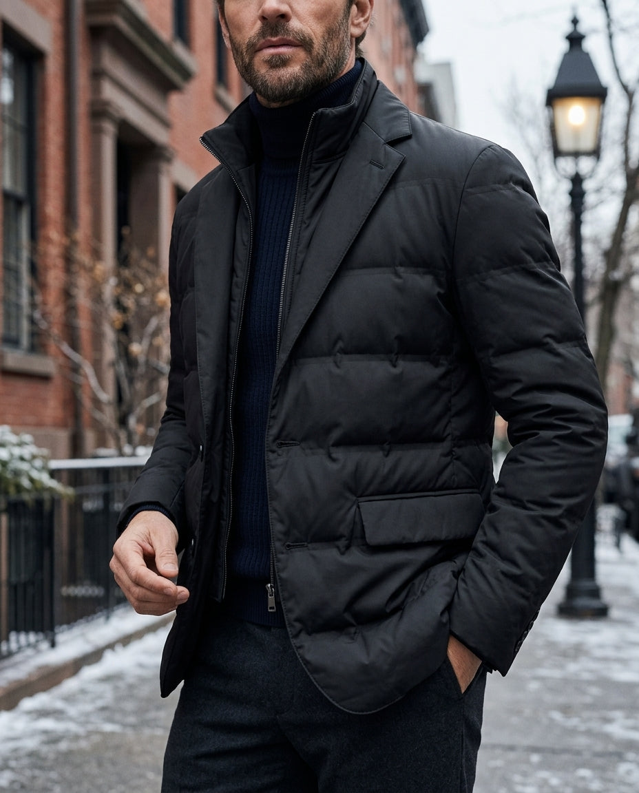 Men's insulated puffer blazer, side view