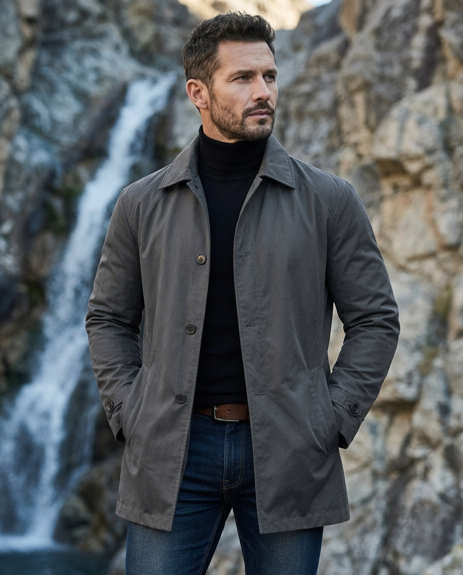 Men's insulated water repellent jacket, side view