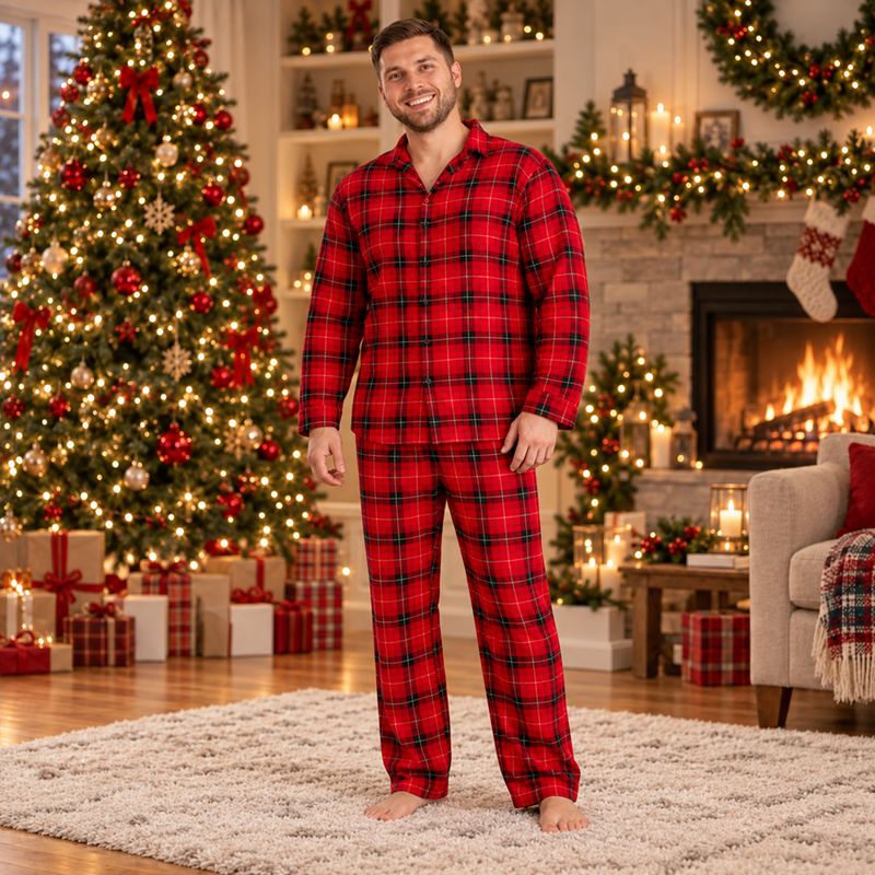 Man in red plaid flannel-look button-up Christmas pajamas - view 2