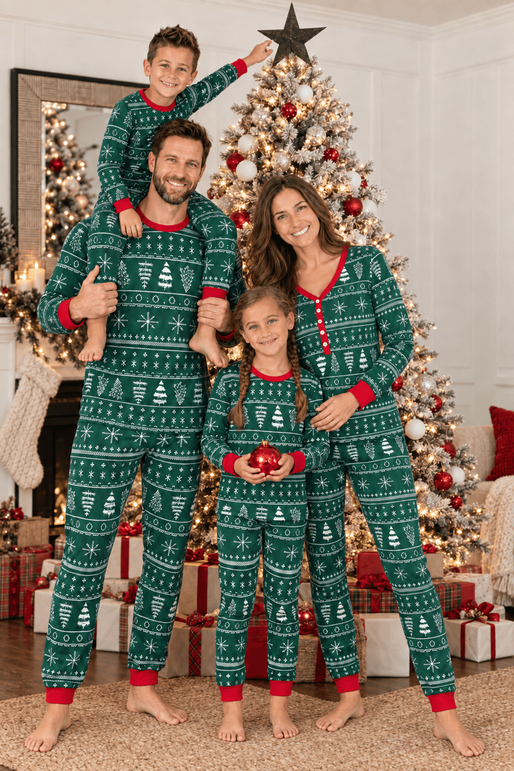Family wearing matching green Fair Isle print Christmas pyjamas with red cuffs by a Christmas tree - view 3