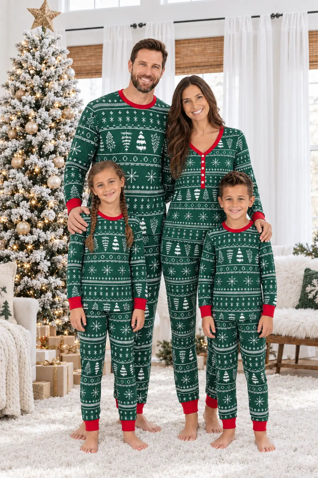 Family wearing matching green Fair Isle print Christmas pyjamas with red cuffs by a Christmas tree - view 4