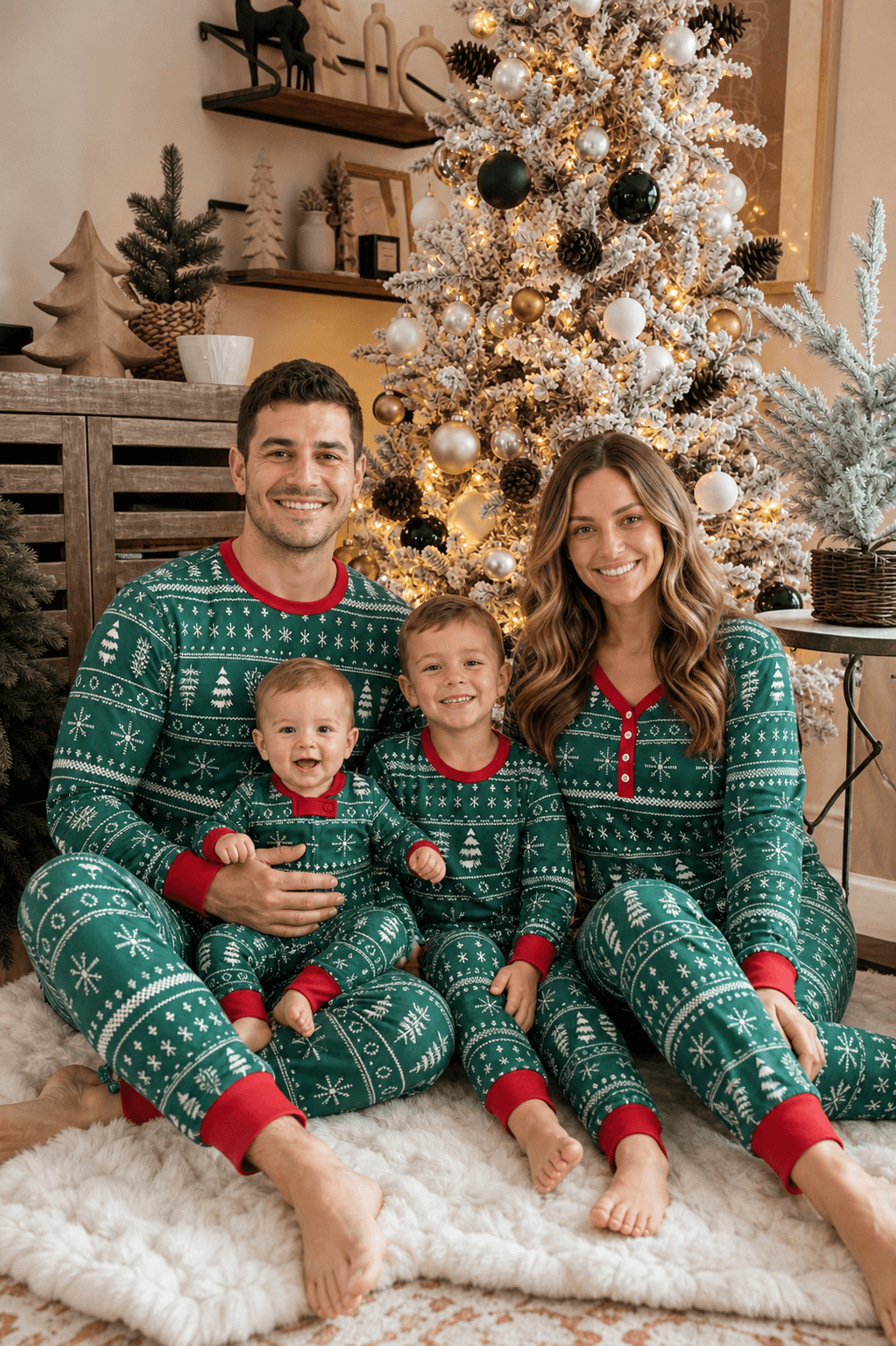 Family wearing matching green Fair Isle print Christmas pyjamas with red cuffs by a Christmas tree - view 5