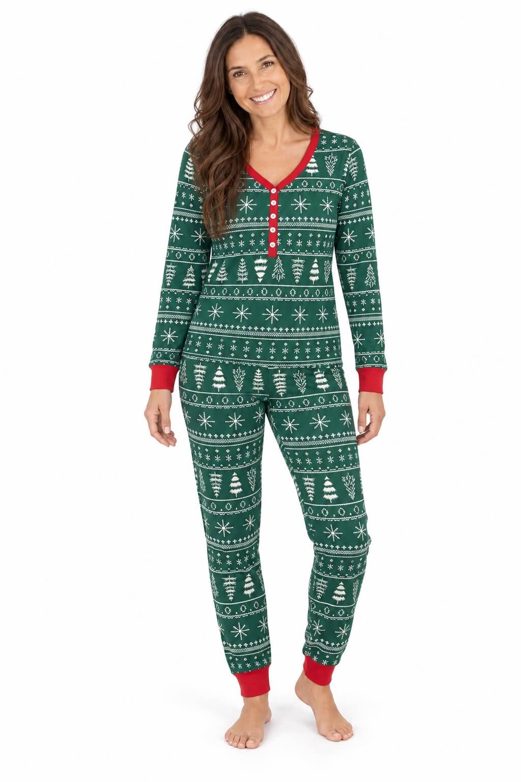Family wearing matching green Fair Isle print Christmas pyjamas with red cuffs by a Christmas tree - view 8